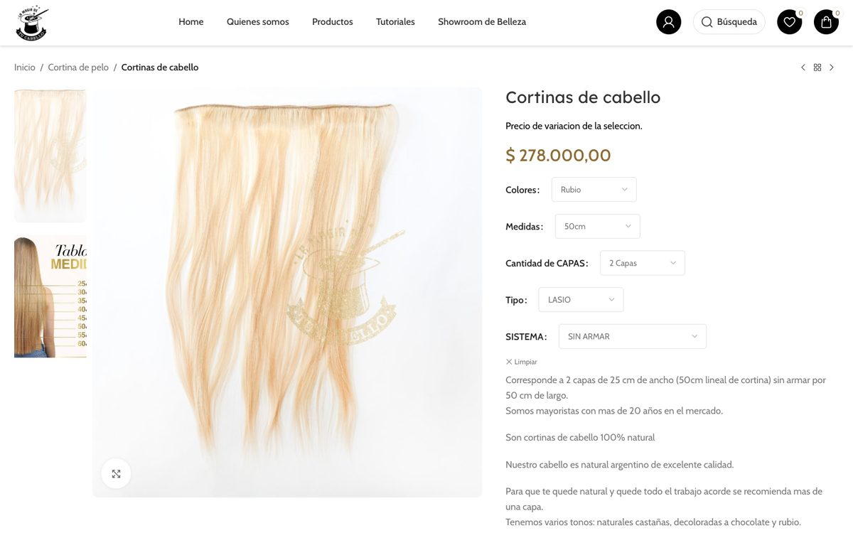 Ficha de producto de la tienda La Magia de Tu Cabello, con las opciones de color, medida, capas, tipo y sistema.